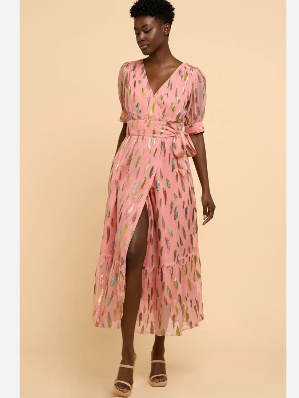 Ciebon Whitney Metallic Print Wrap Dress in a peach or rose-tone